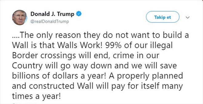 Trump´tan Meksika duvarı için yeni tweet: Duvar kendisini bir yılda öder